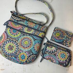 Vera Bradley Sunny Medallion Hipster Crossbody Purse Wallet Pouch 3 Piece Set